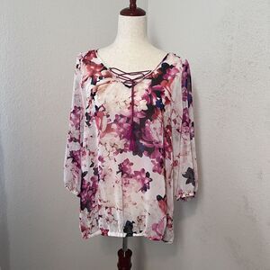 Lane Bryant Womens Sheer Floral Blouse 14/16 Peasant Long Sleeve Pink Tasseled